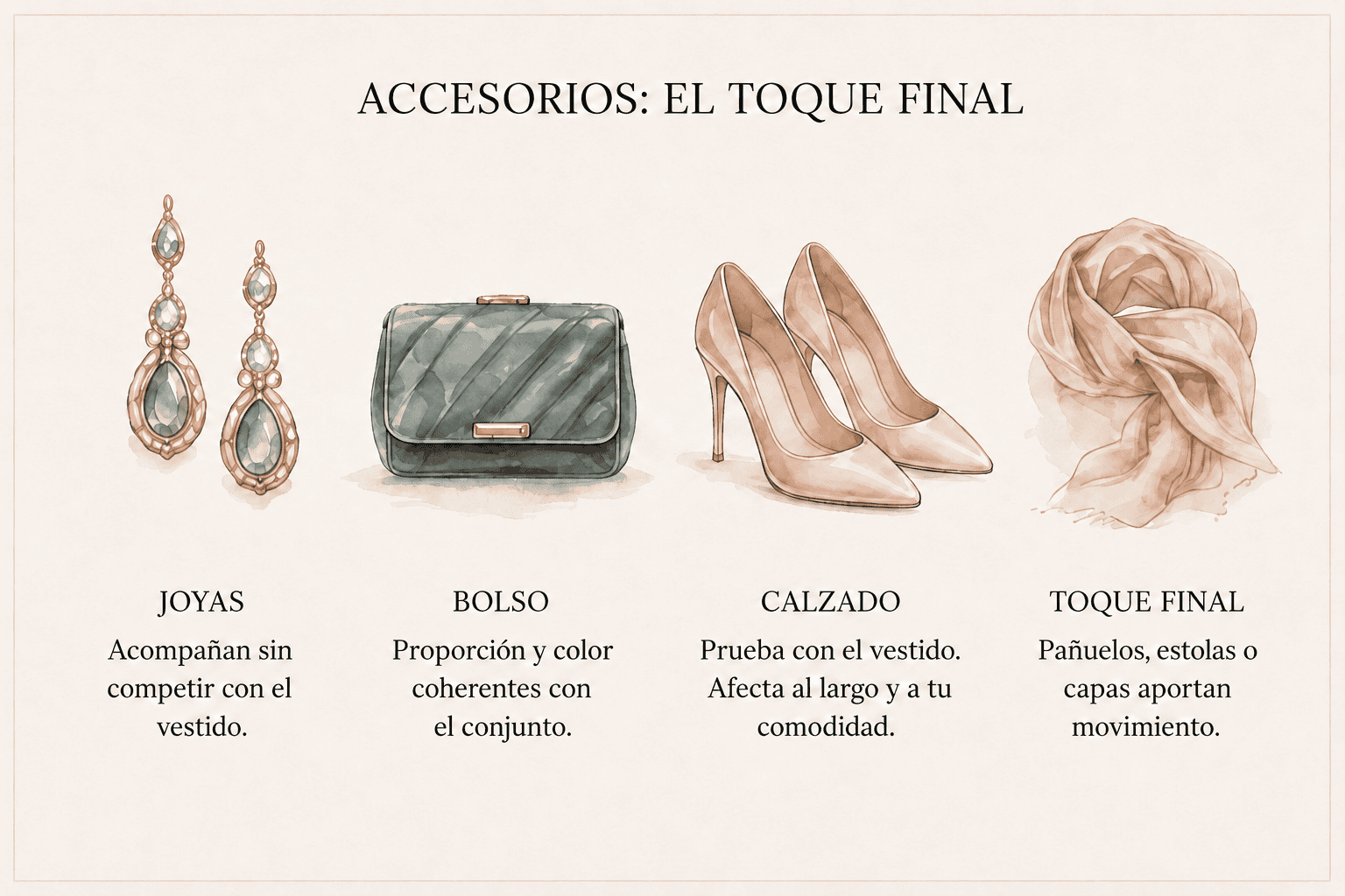 Infografía con pendientes, bolso, zapatos y pañuelo como complementos de un vestido de evento.
