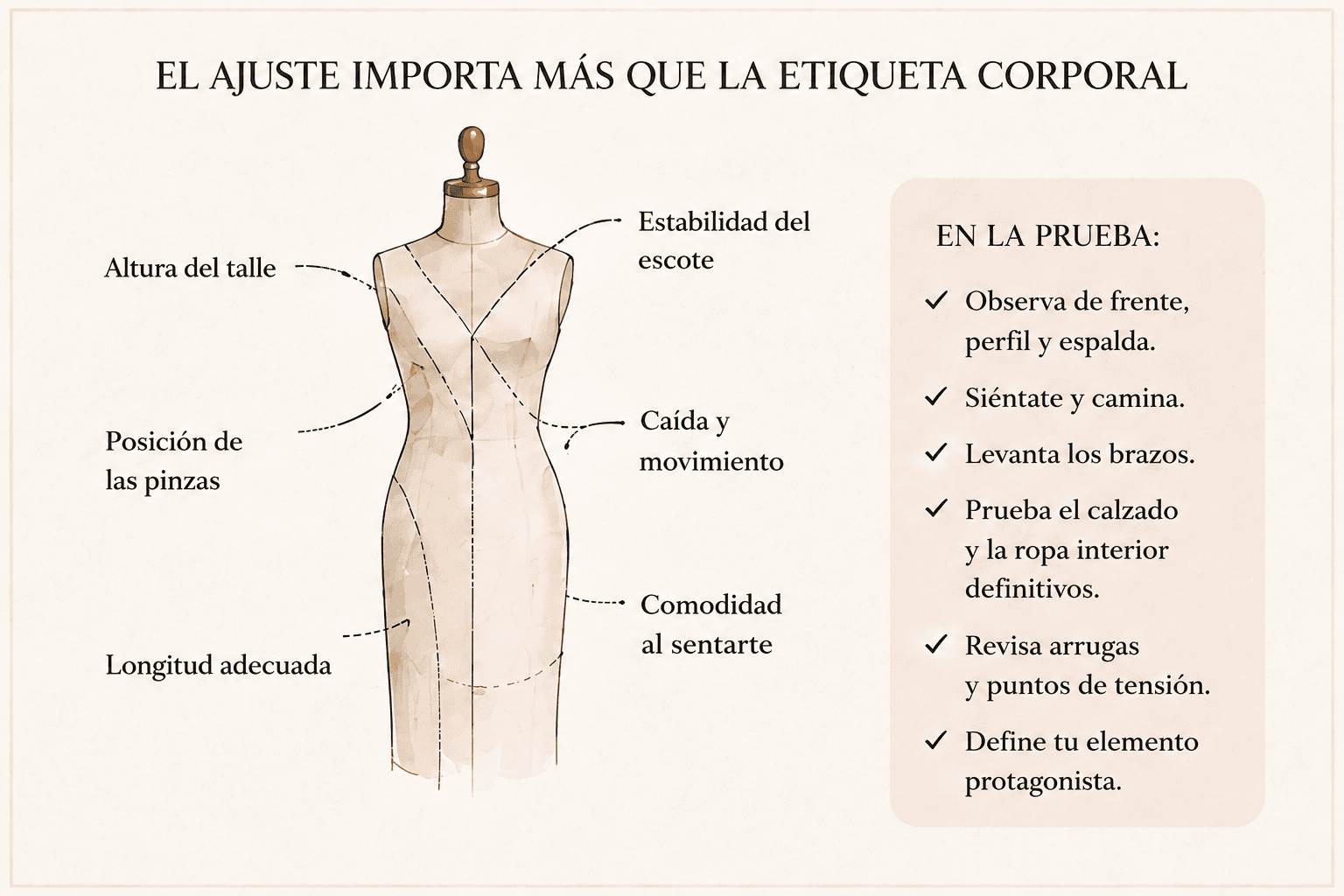 Infografía con un maniquí y puntos de control para revisar talle, pinzas, escote, caída, comodidad y largo del vestido.