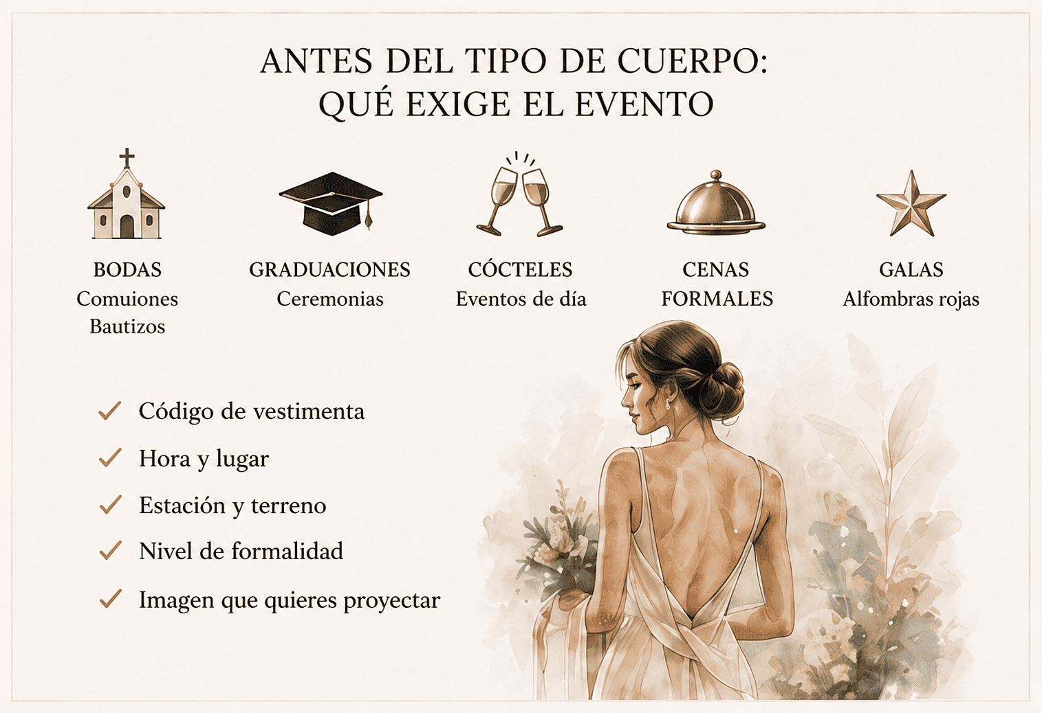 Infografía sobre bodas, graduaciones, cócteles, cenas formales y galas, con factores que conviene valorar antes de elegir vestido.