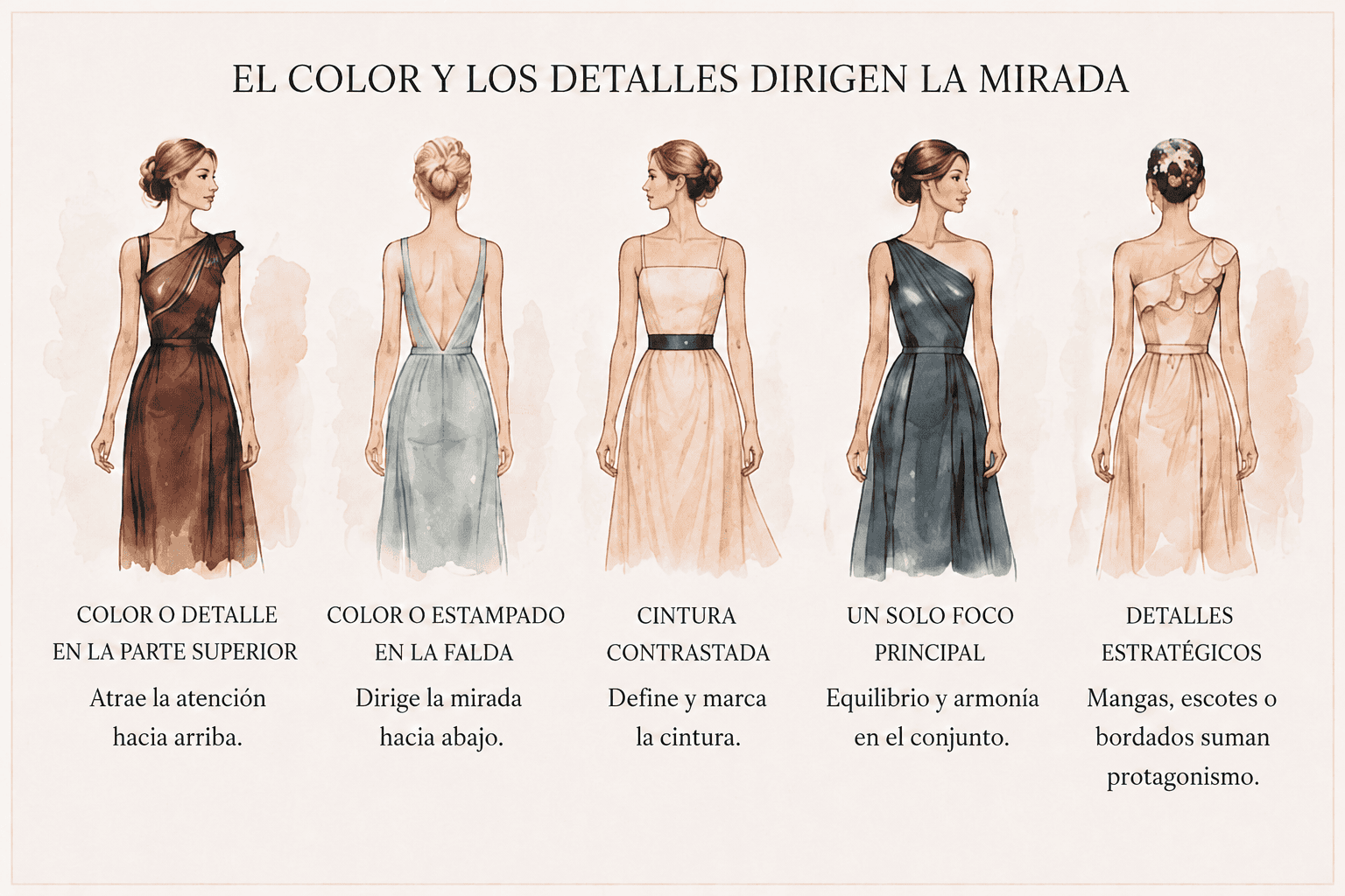 Infografía que explica cómo el color, el estampado, la cintura contrastada y los detalles estratégicos cambian el foco visual del vestido.
