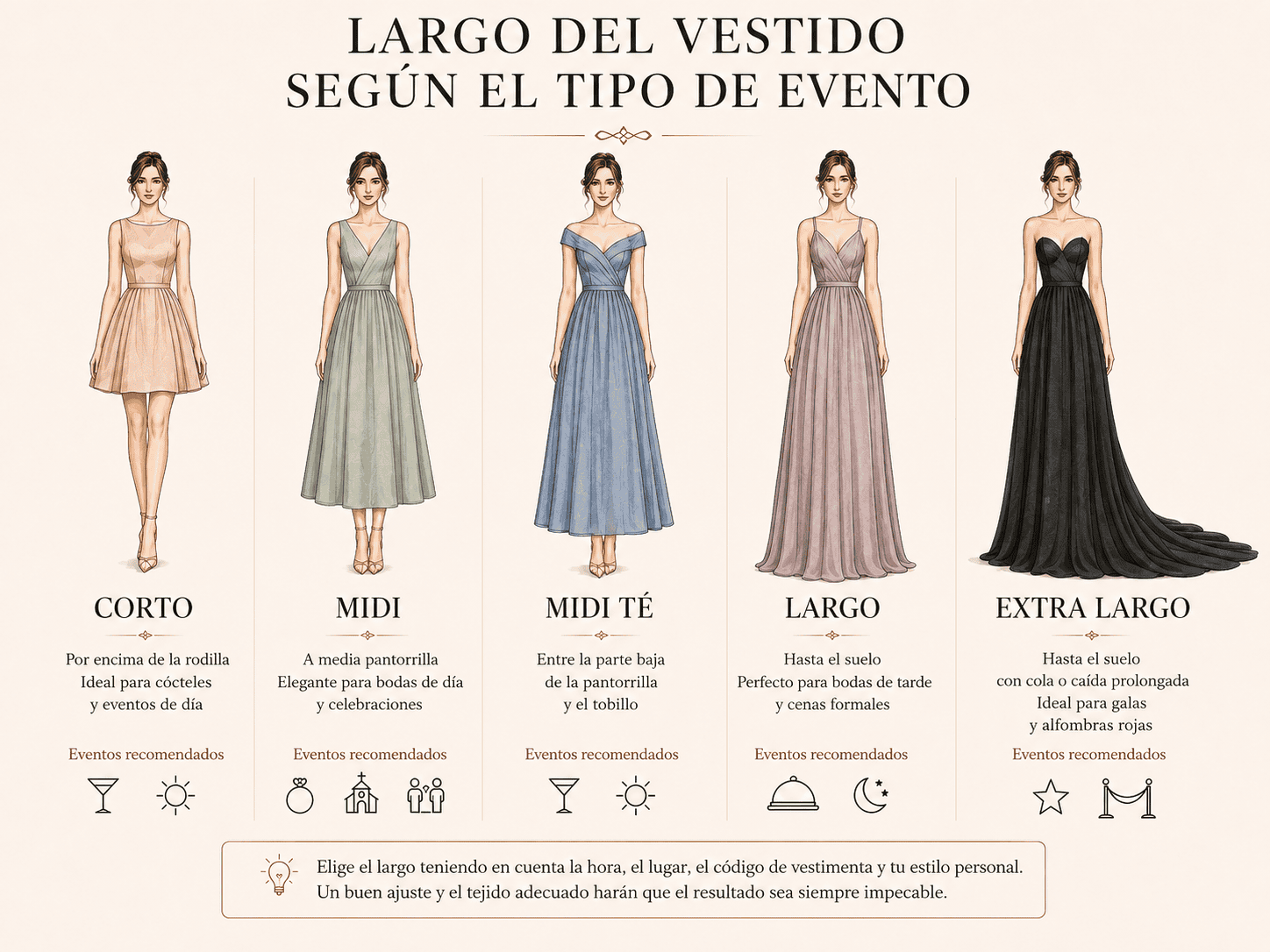 Infografía con cinco ilustraciones que comparan vestidos corto, midi, midi té, largo y extra largo según la ocasión.