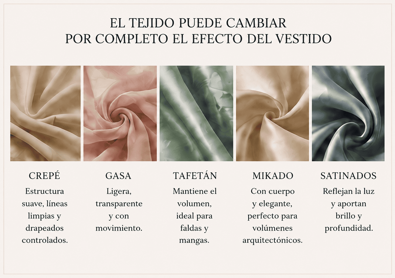 Infografía con muestras de crepé, gasa, tafetán, mikado y acabados satinados y su efecto sobre el vestido.