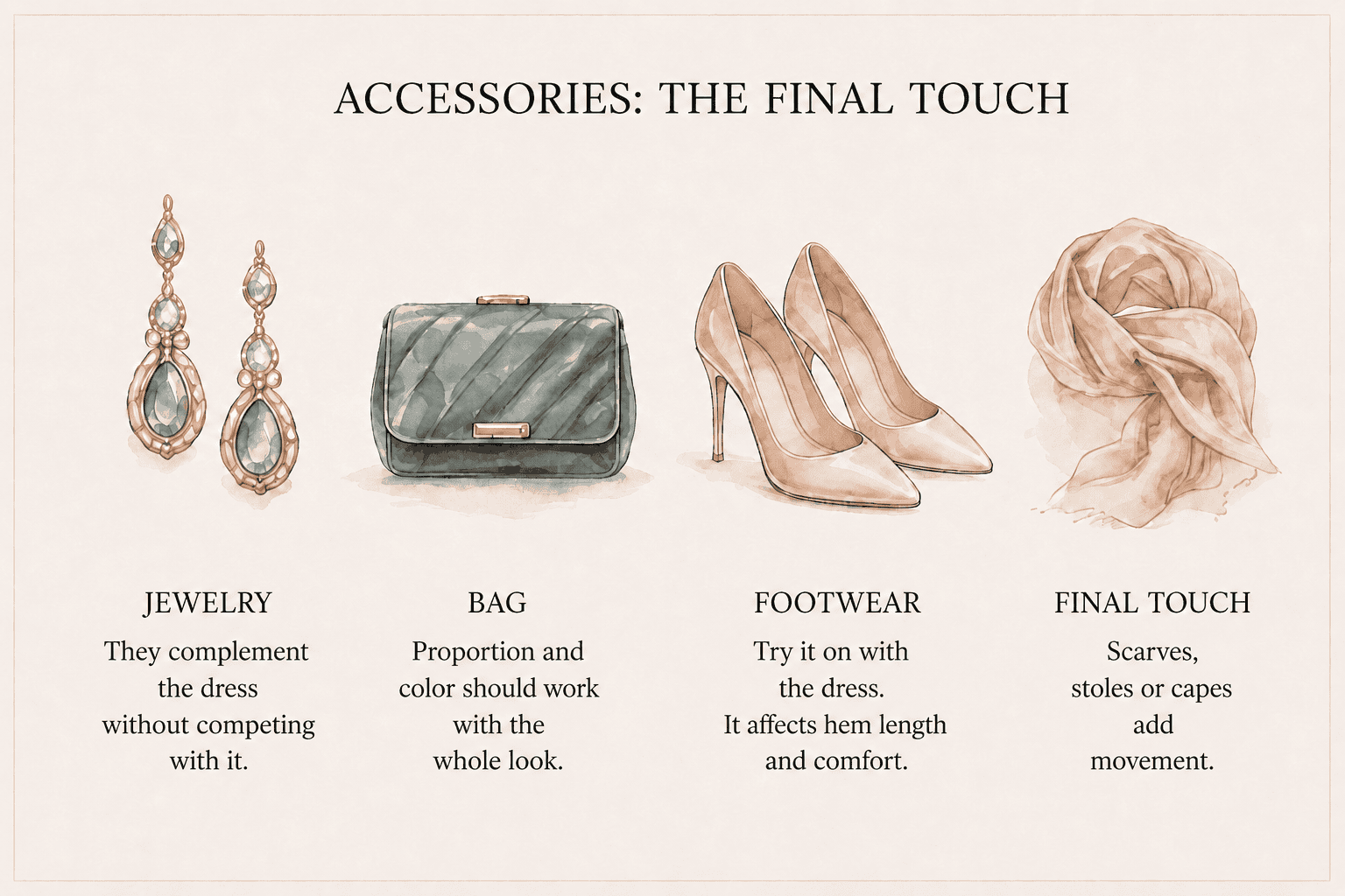 English infographic with jewellery, a bag, footwear and a wrap as accessories for an occasion dress.