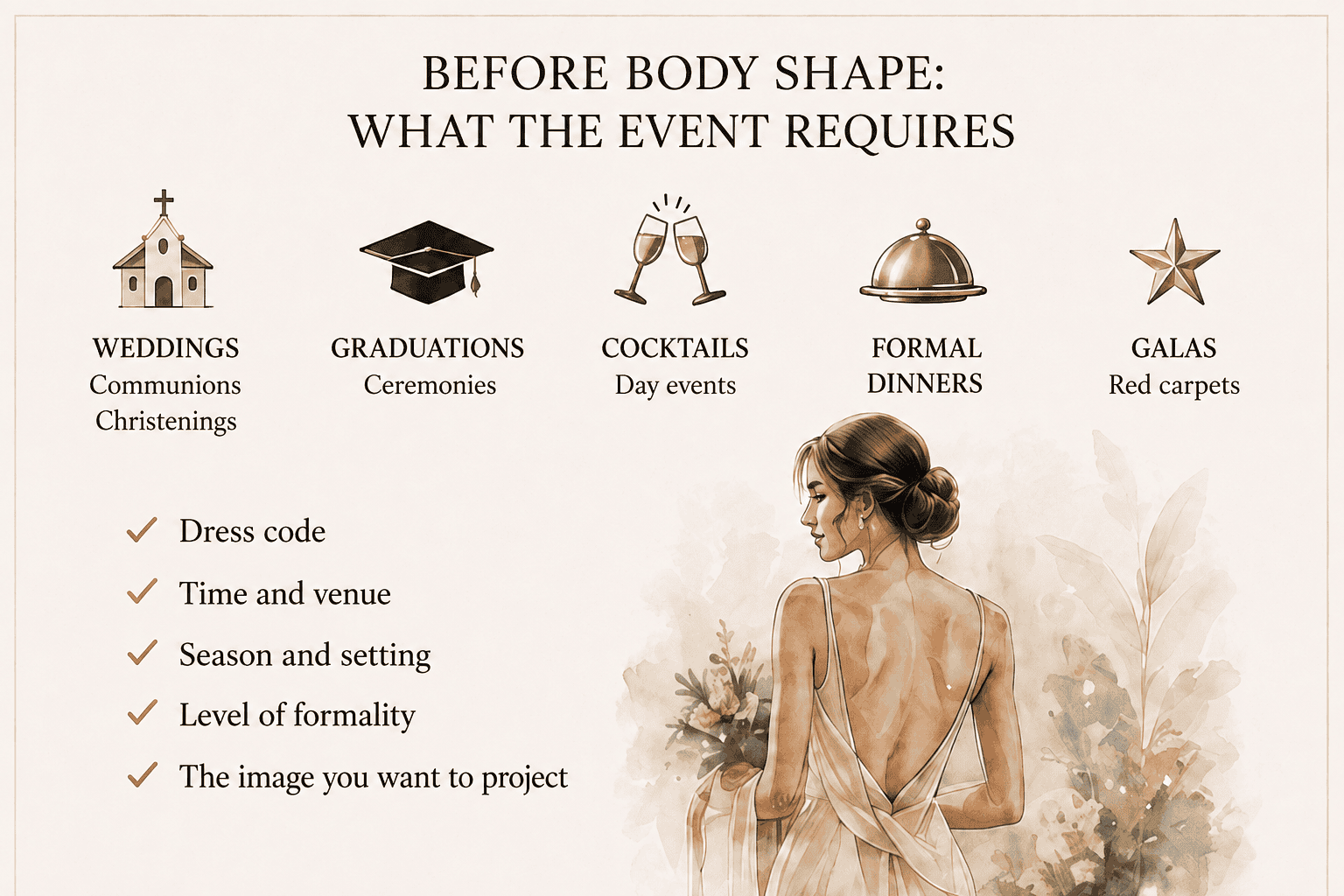 English infographic about weddings, graduations, cocktails, formal dinners and galas, with factors to consider before choosing a dress.