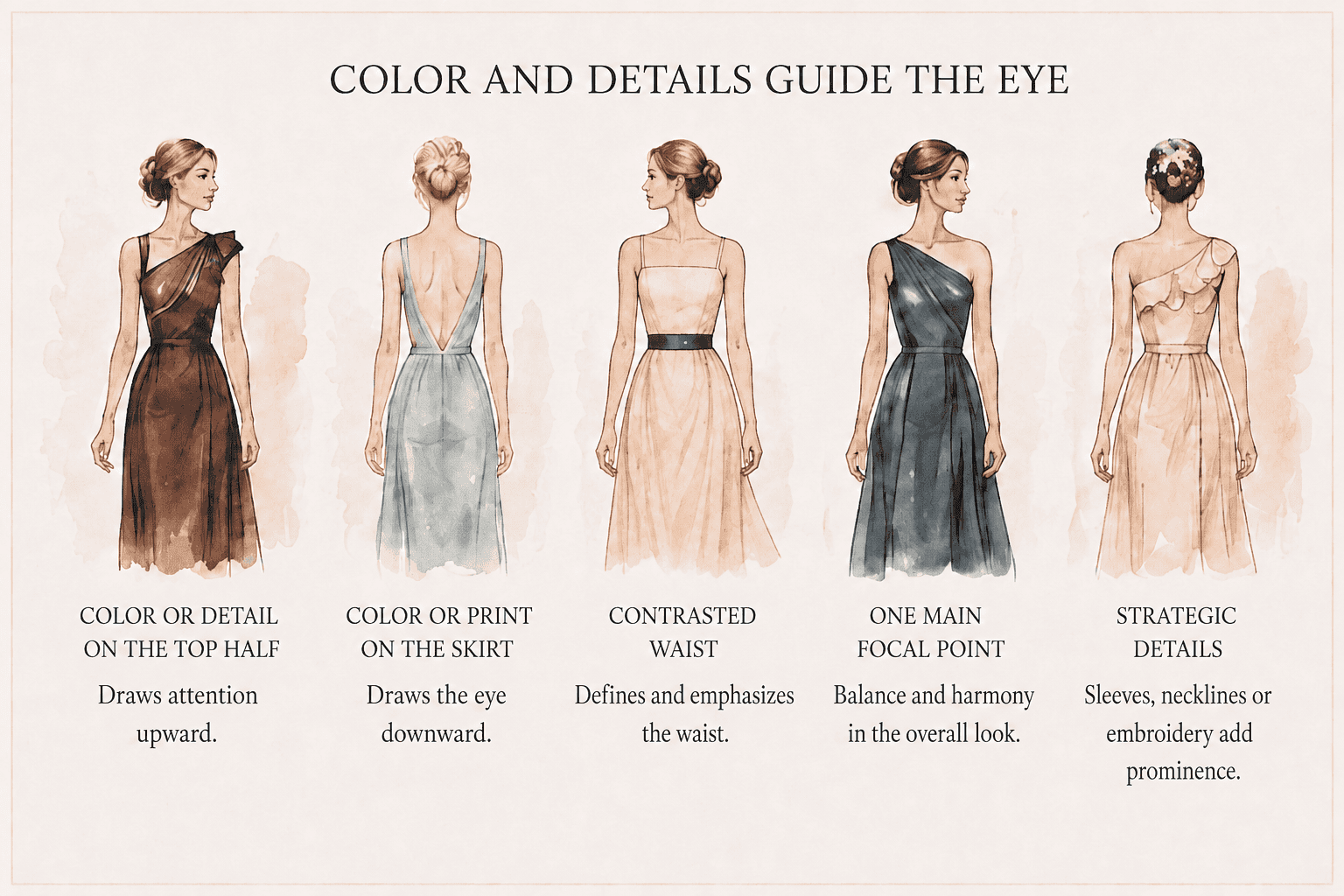 English infographic explaining how colour, prints, a contrasted waist and strategic details guide the eye in a dress.