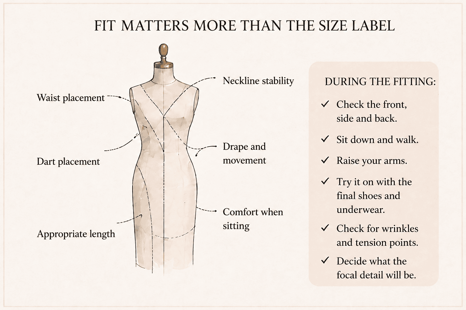 English dress-fitting infographic showing waist placement, darts, neckline stability, drape, comfort and appropriate length.