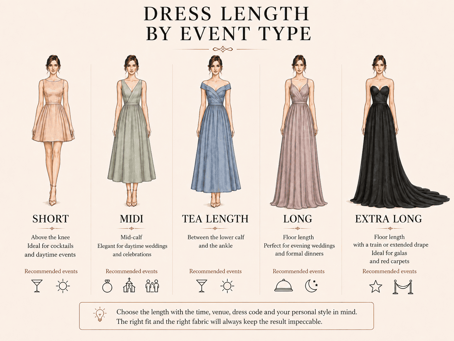 English infographic comparing short, midi, tea-length, long and extra-long dresses according to the type of event.