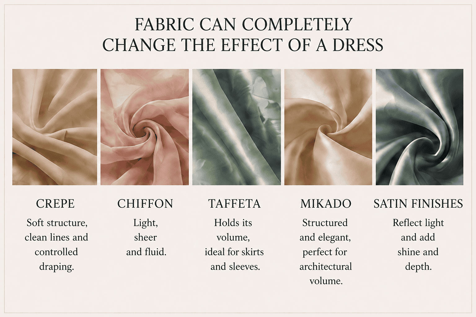 English infographic with crepe, chiffon, taffeta, mikado and satin finishes and their effect on a dress.