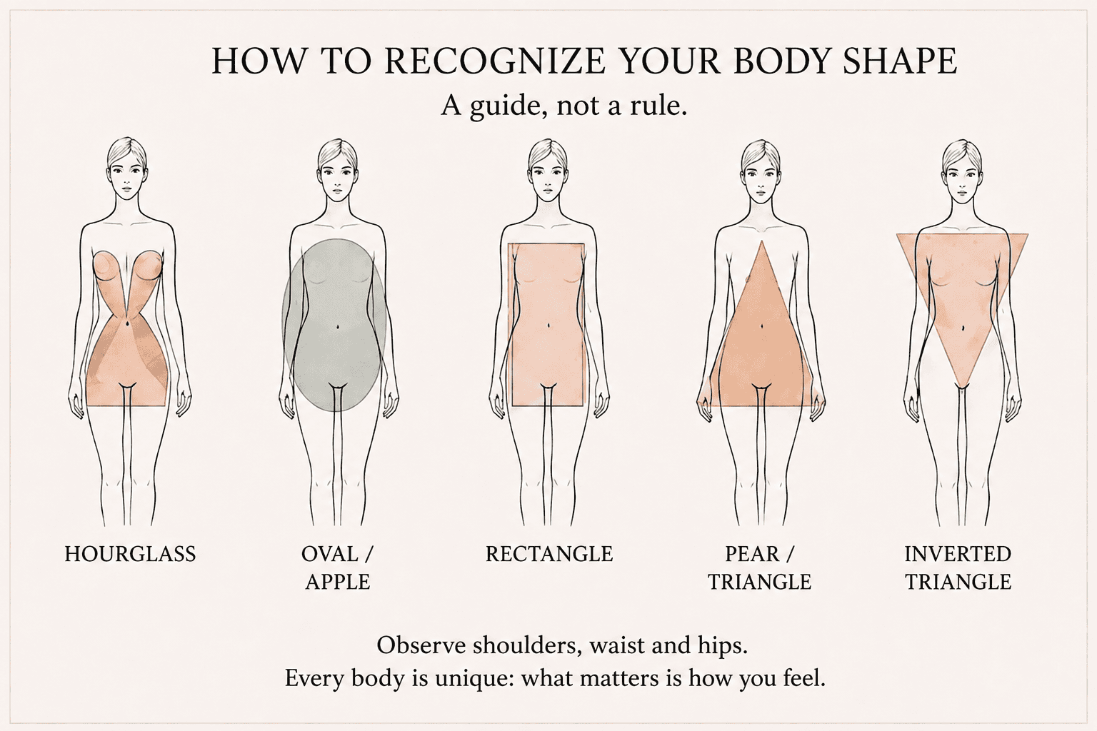 English infographic showing hourglass, oval or apple, rectangle, pear or triangle, and inverted-triangle body shapes.